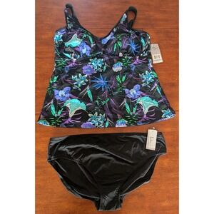 NEW Swim Plus 20W Purple Black Floral 2pc Swimsuit Tankini Your Best Look